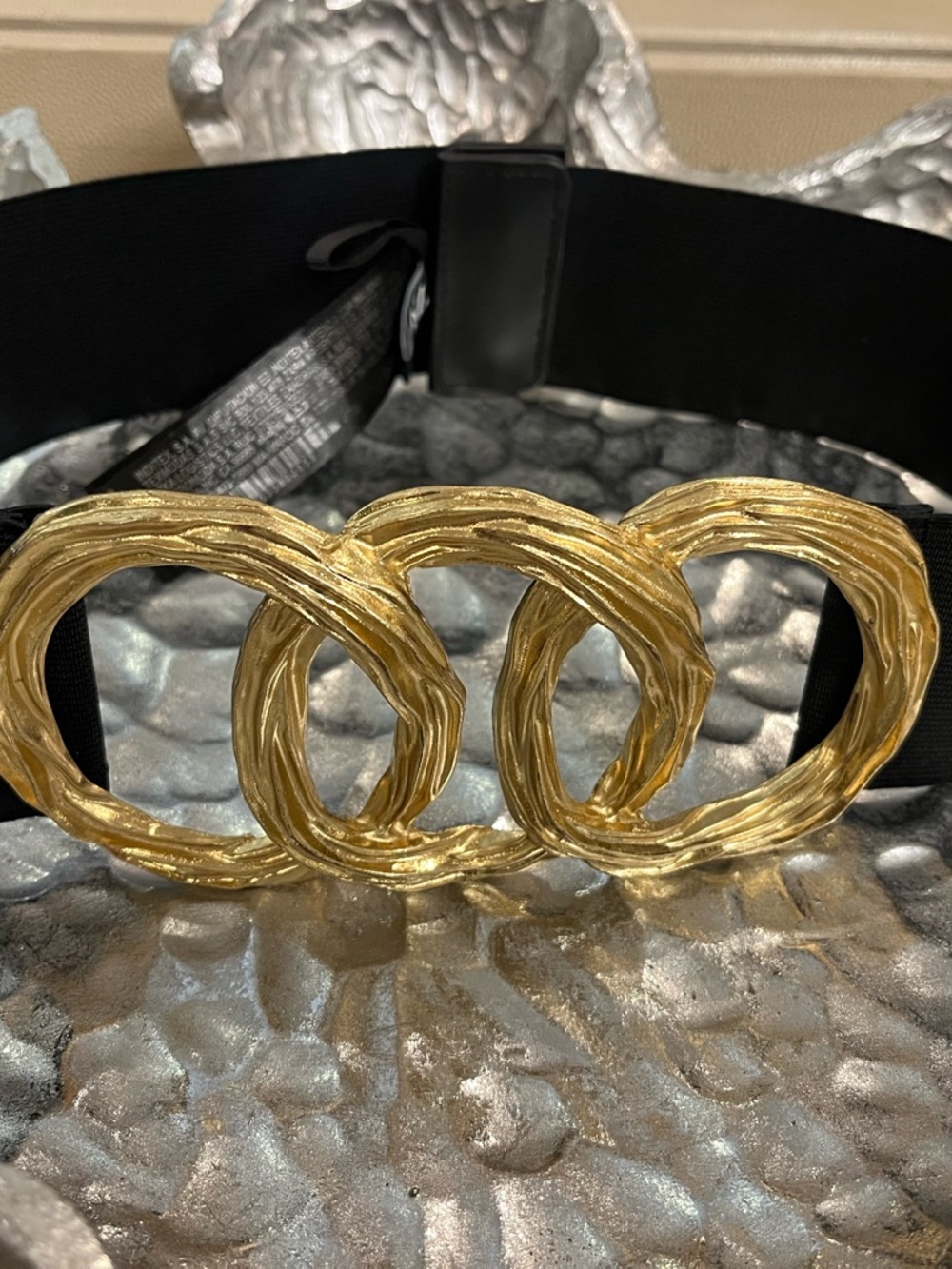 Zara Black Elastic Belt with Textured Gold Triple Rings